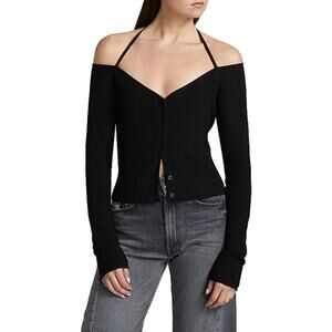 Good American Women Black Stretch Knit Off-the-Shoulder Slim Halter Top Size M
